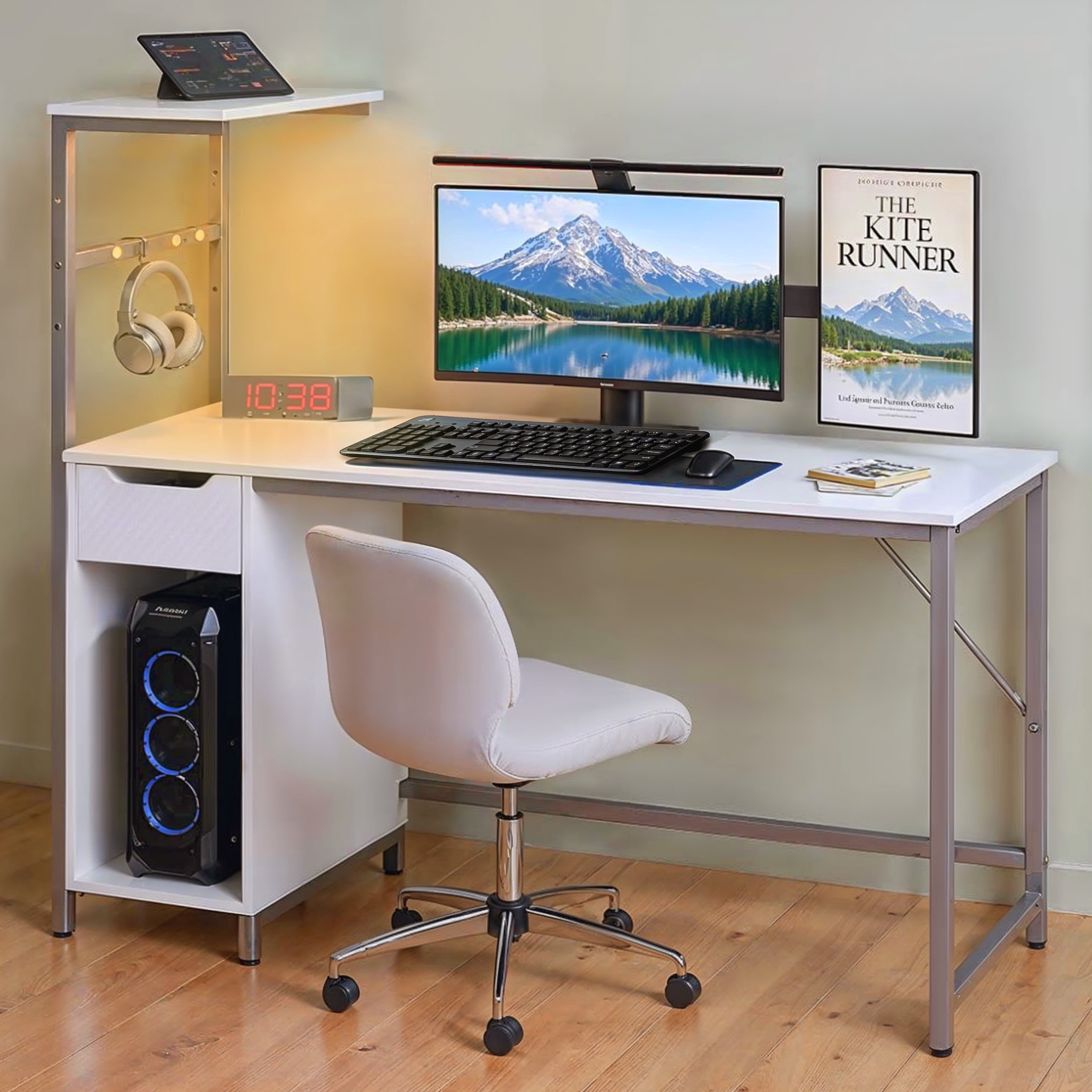 Bestier 51 L Shaped Gaming Desk with Power Outlets, LED Workstation with 4 Tiers Shelves for Home Office, Gamer Reversible Table with Hooks and Cup Holder, Black Marble Review