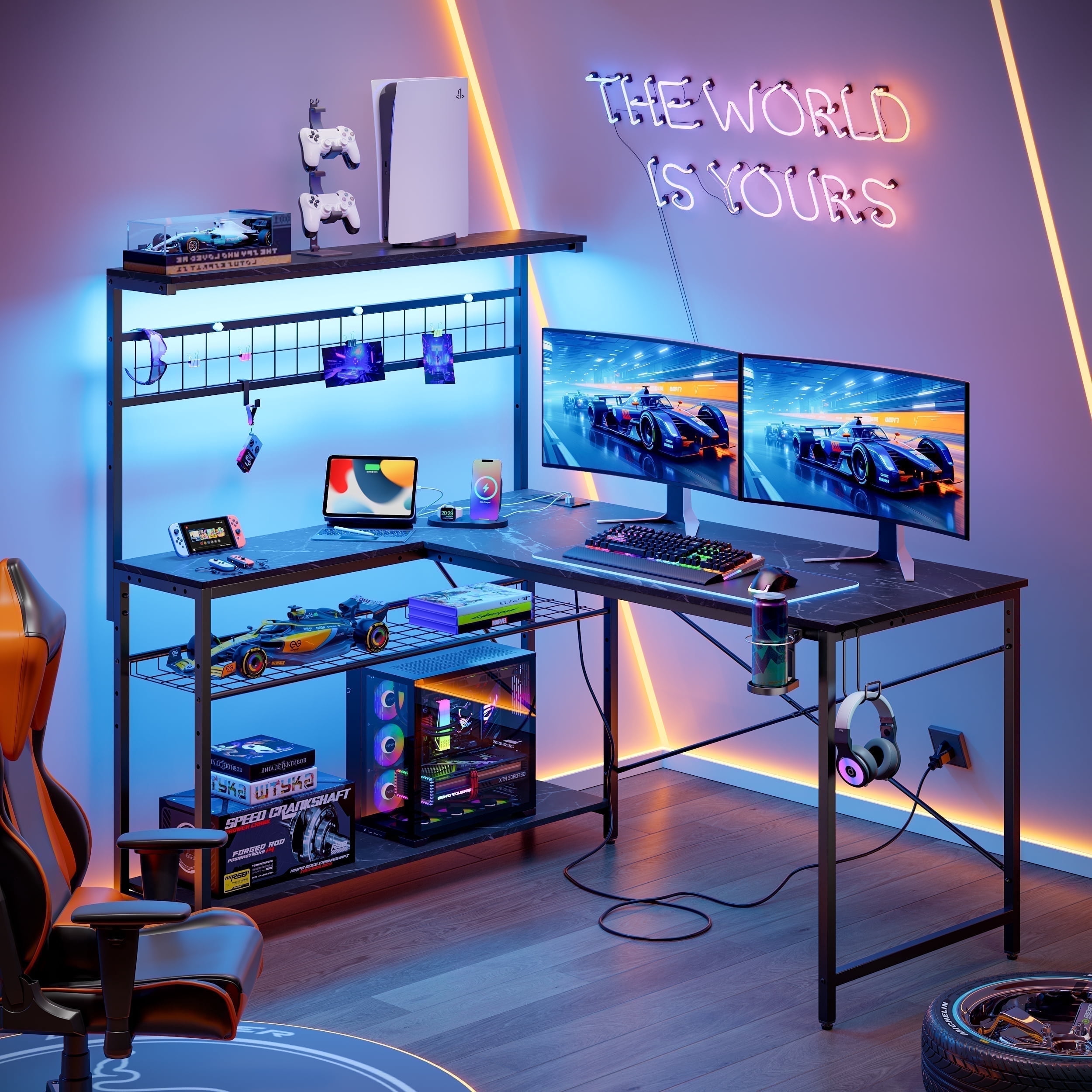 Bestier 51 L Shaped Gaming Desk with Power Outlets, LED Workstation with 4 Tiers Shelves for Home Office, Gamer Reversible Table with Hooks and Cup Holder, Black Marble Review