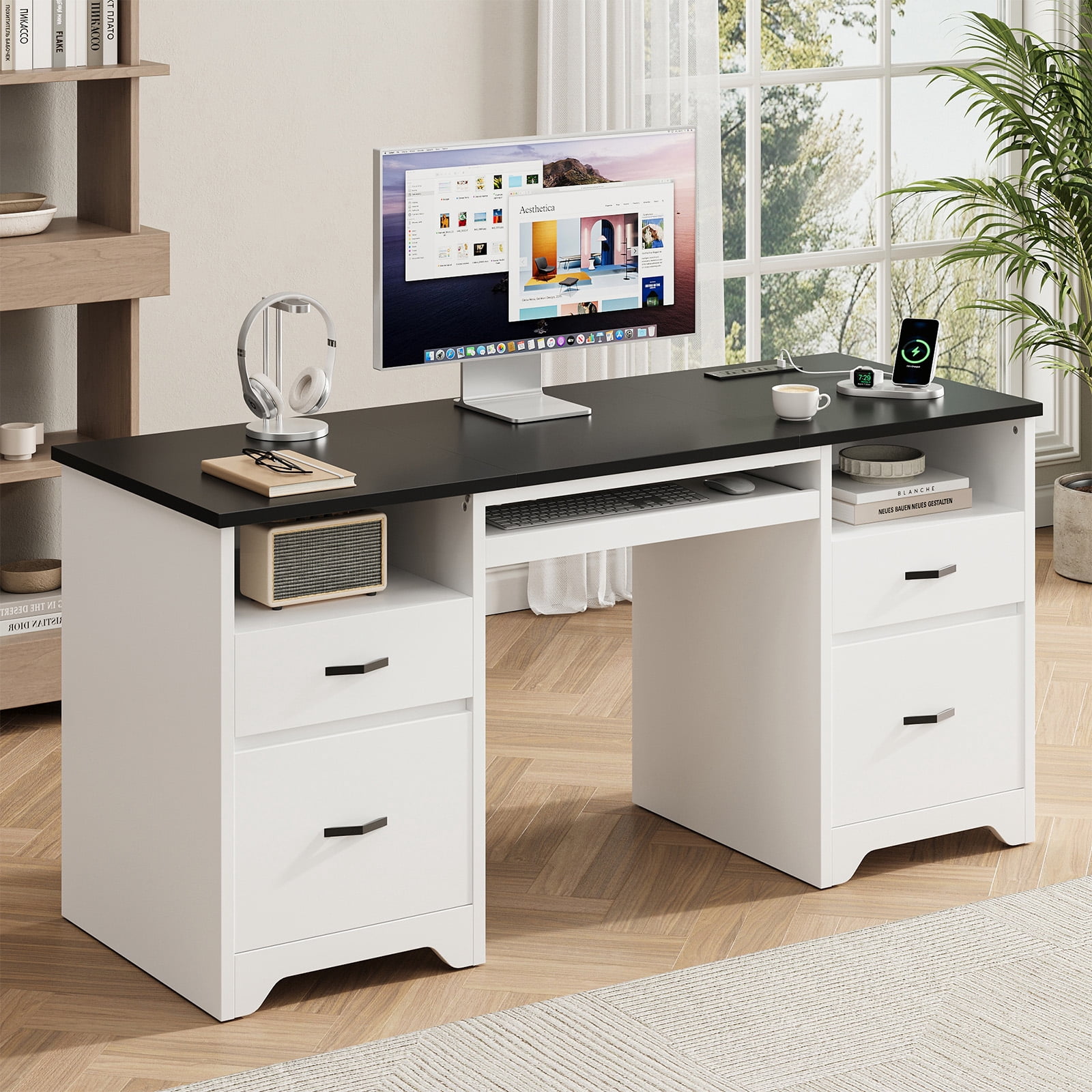 Bestier 59''Computer Desk with 4 Drawers,Office Desk with Storage,Modern Executive Desk with File Drawer, Office Desk with Charging Station, Keyboard Tray for Home office, Study & Bedroom，W