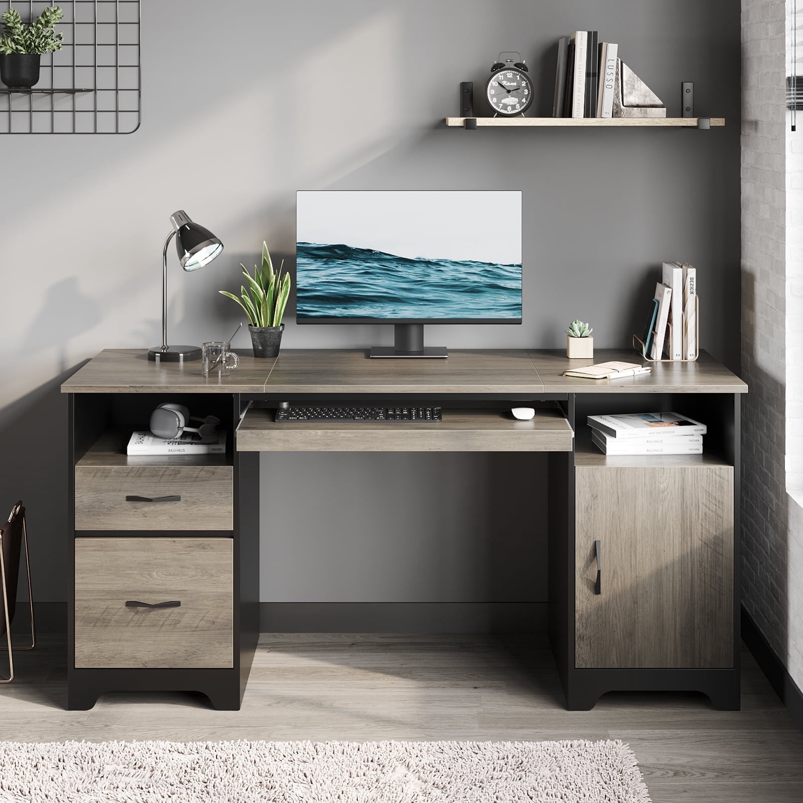 Bestier Home Office Desk Computer Gaming PC Study Table with Adjustable Shelf and LED Lights, Light Gray Review