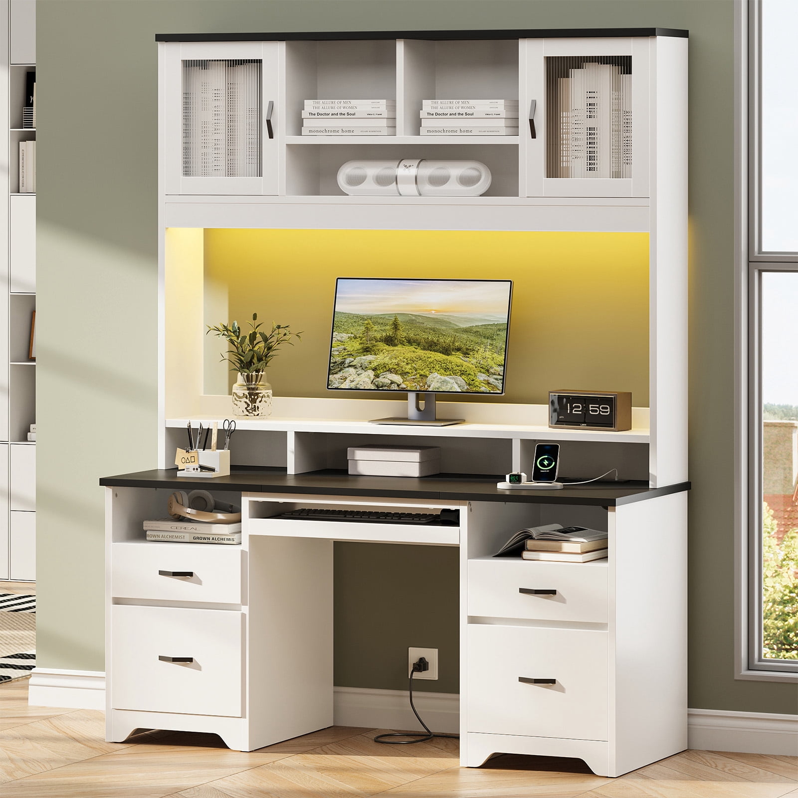 Bestier Executive Desk with Hutch, 77.8" H Modern Wood Computer Desk with Drawers,Charging Station, LED Light, Fluted Storage Cabinet, Keyboard Tray, 59" W Office Desk for Home Office, Whit
