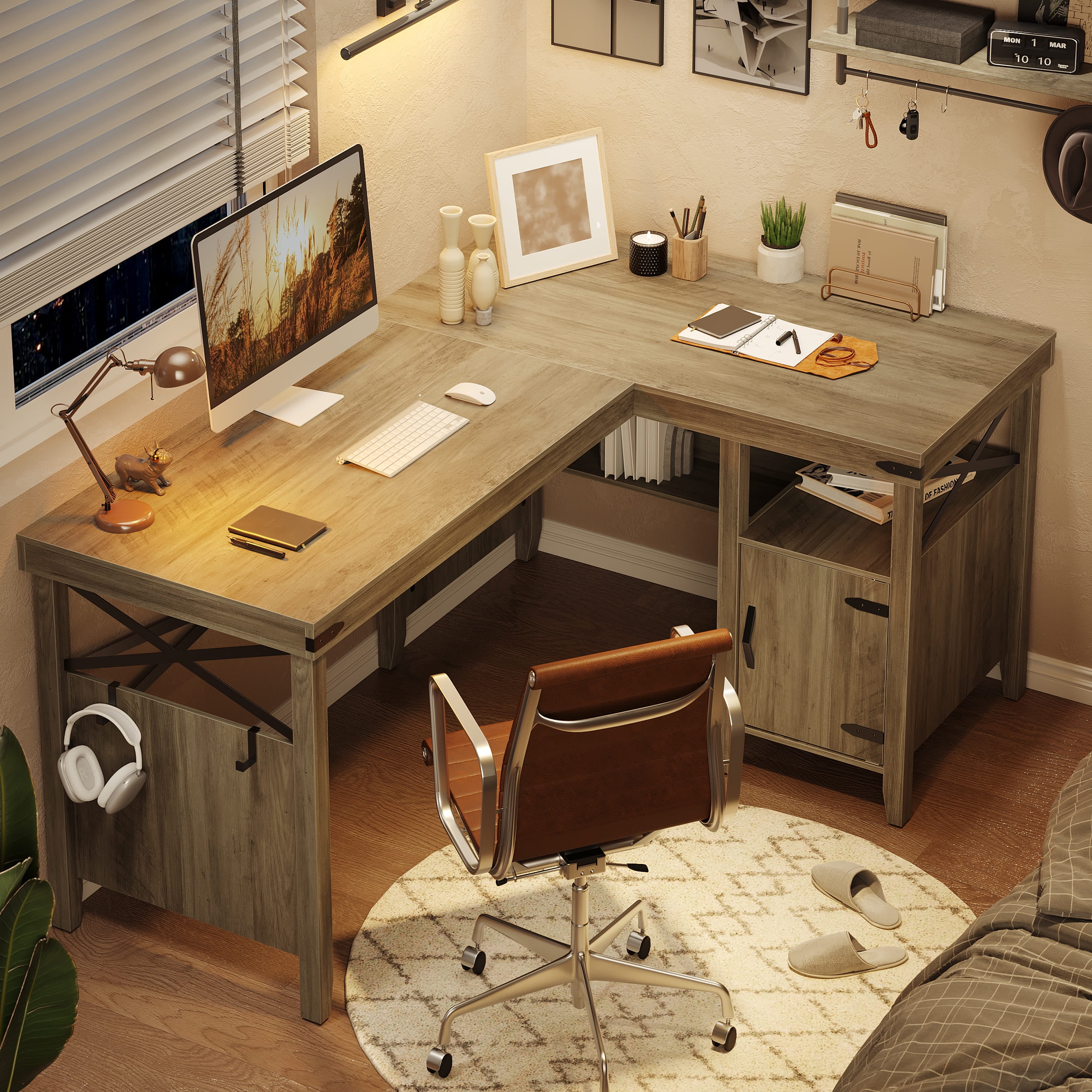 Bestier 51 L Shaped Gaming Desk with Power Outlets, LED Workstation with 4 Tiers Shelves for Home Office, Gamer Reversible Table with Hooks and Cup Holder, Black Marble Review
