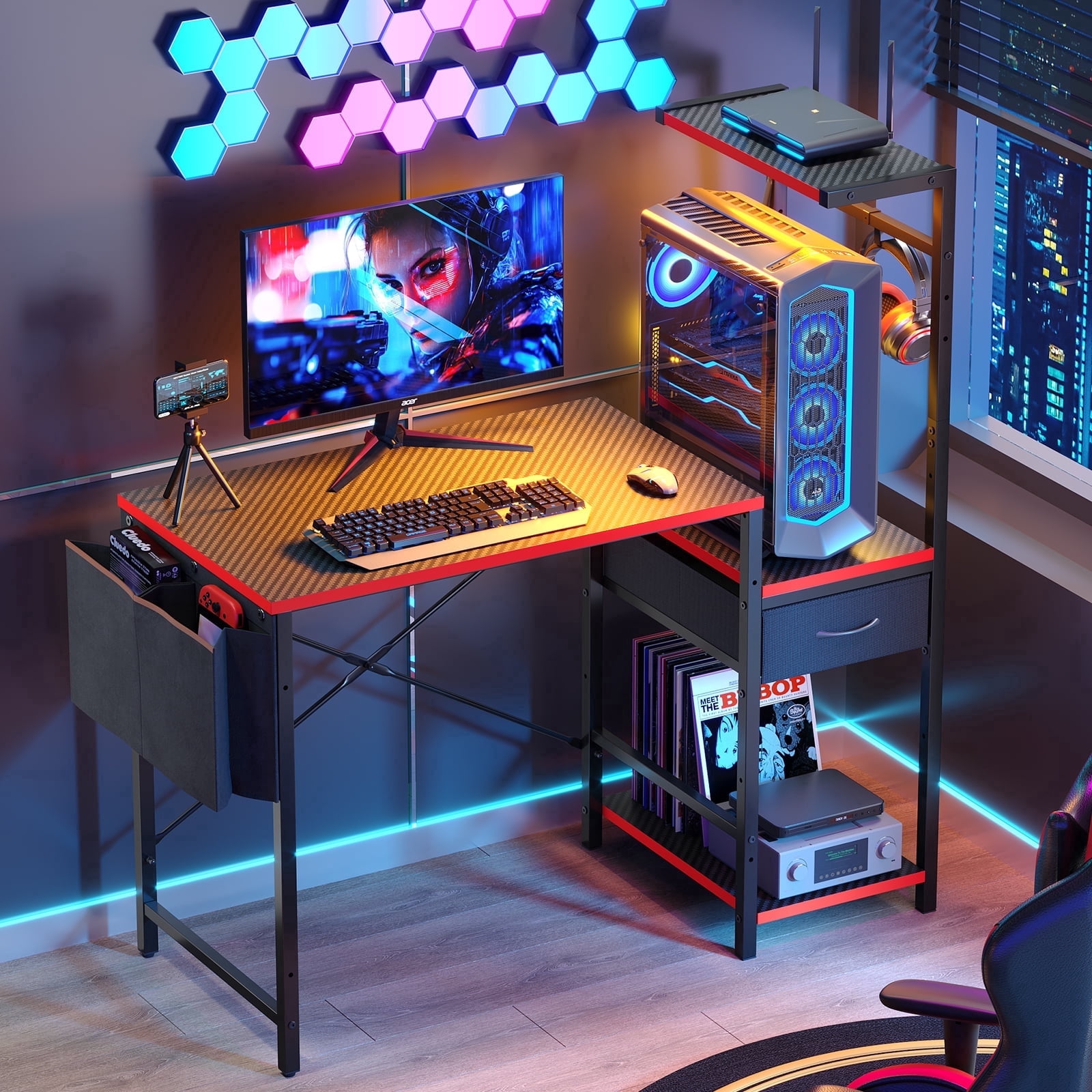Bestier LED Gaming Desk with Drawer, 44'' Computer Desk with Reversible Shelves, PC Gamer Desk with Side Storage Bag, Hooks and Height Adjustable Shelf for Home Office, Red