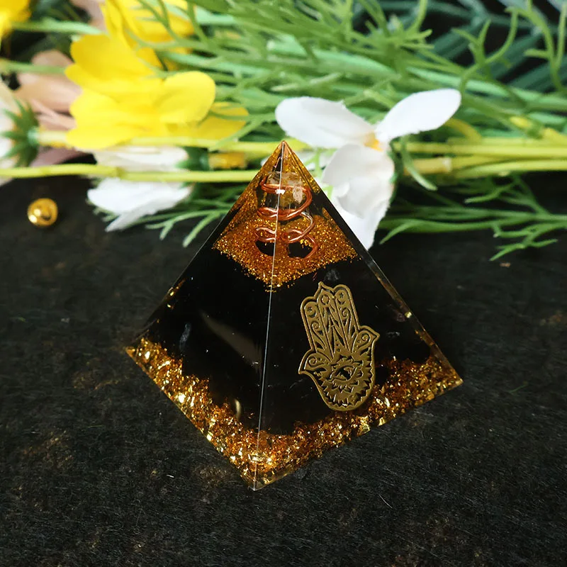 Hamsa Hand Resin Crystal Pyramid Black Obsidian Orgonite Pyramid Energy Meditation Blessing Home Office Judaica Protection Gift