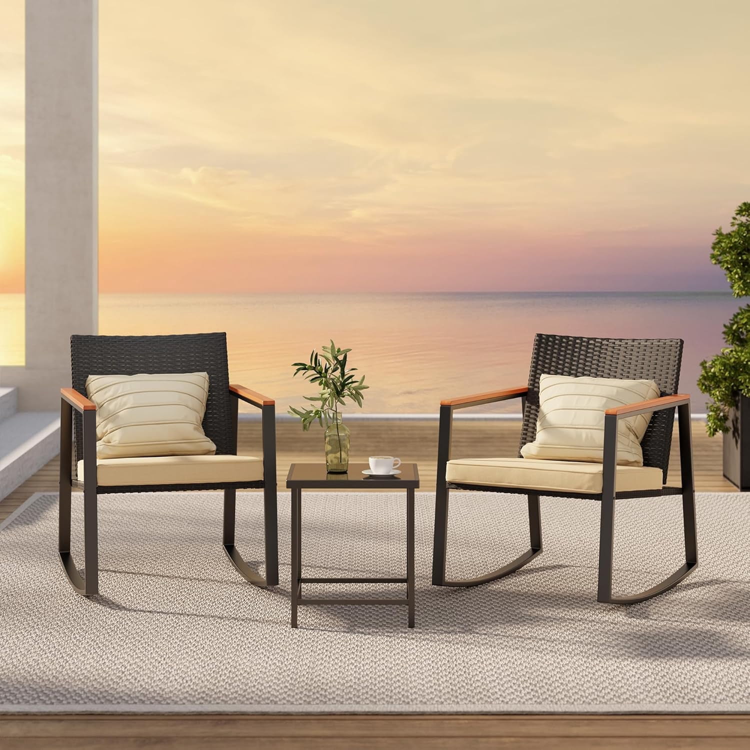Jolifa 3-Piece Patio Furniture Set, All-Weather Rocking Chair Set with Heat-Resistant Arms & Glass Table, Bistro Set for Poolside and Patio,Yellow Review