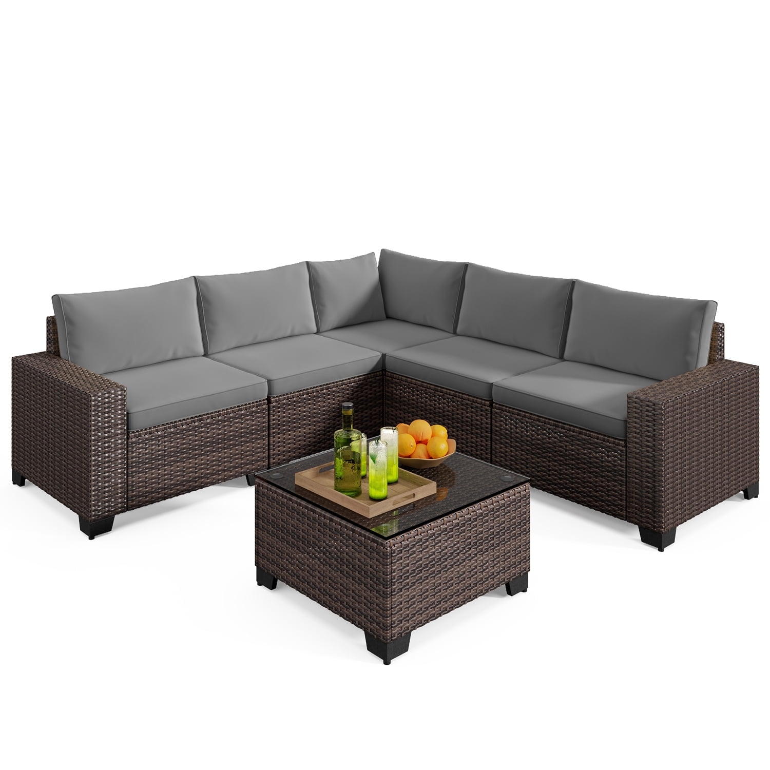 Jolifa 6-Piece Outdoor Patio Furniture Set, All-Weather Sectional Sofa with Coffee Table & Gray Cushions, Durable PE Wicker Set for Backyard, Gray
