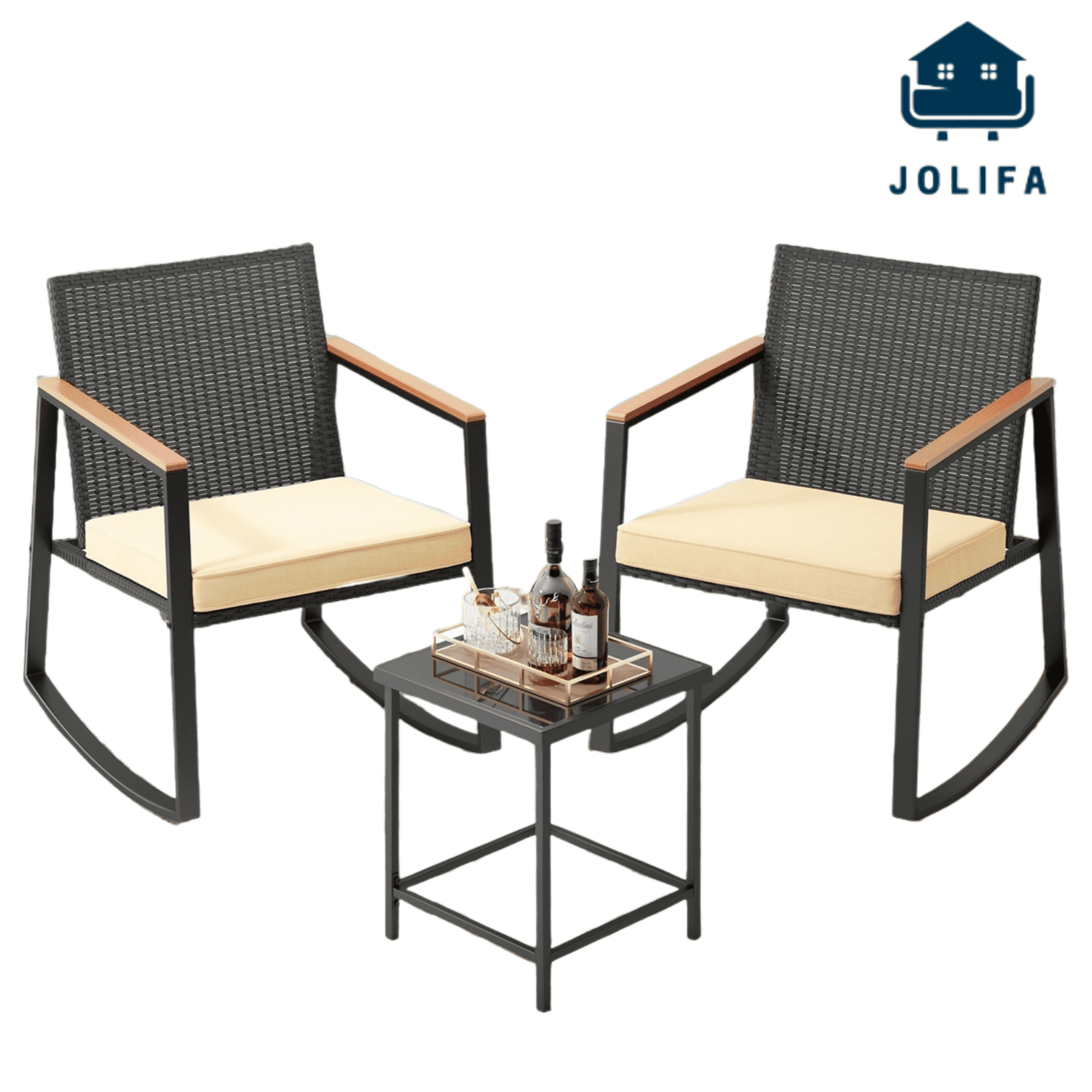 Jolifa Bistro Patio Furniture with 2 Outdoor Rocking Chairs and 1 Glass Coffee Table for Poolside, Porch, Lawn,Beige