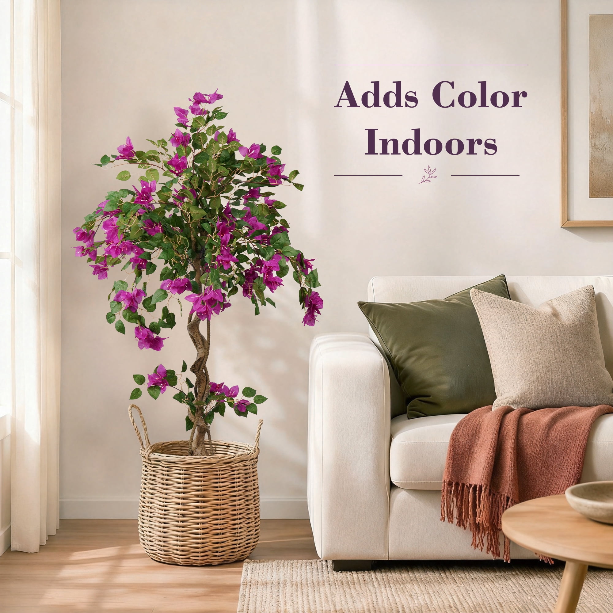 OLIVIVI Faux Bougainvillea Flowers Tree 4FT 1 Pack Tall Artificial Purple Flowers Plant for Home Office Decor Indoor Outdoor Fake Lifelike Potted Tree with Wood Branches