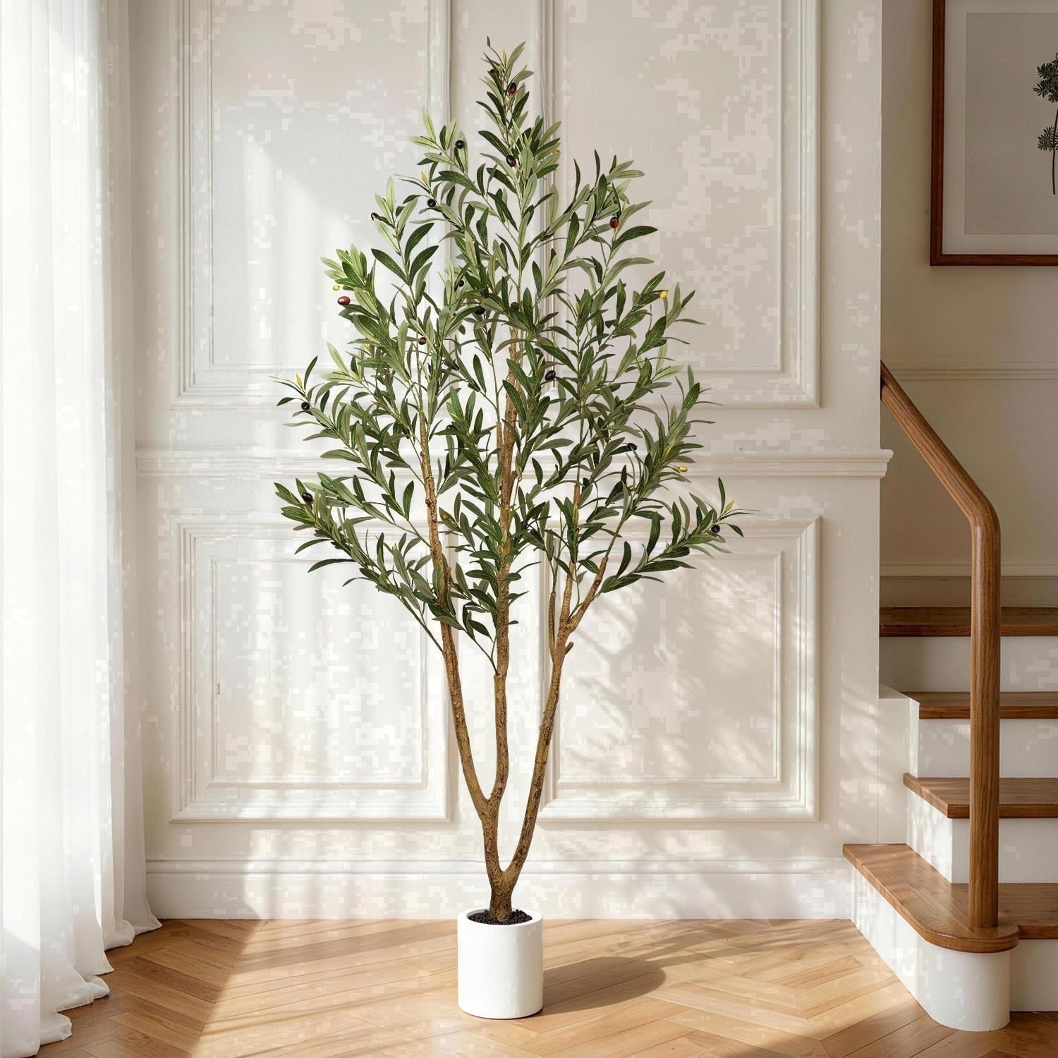 OLIVIVI Olive Trees Artificial Indoor, 6FT Tall Faux Olive Tree with White Tall Planter, Artificial Plants with Natural Wood Trunk and Lifelike Fruits for Home Office Decor