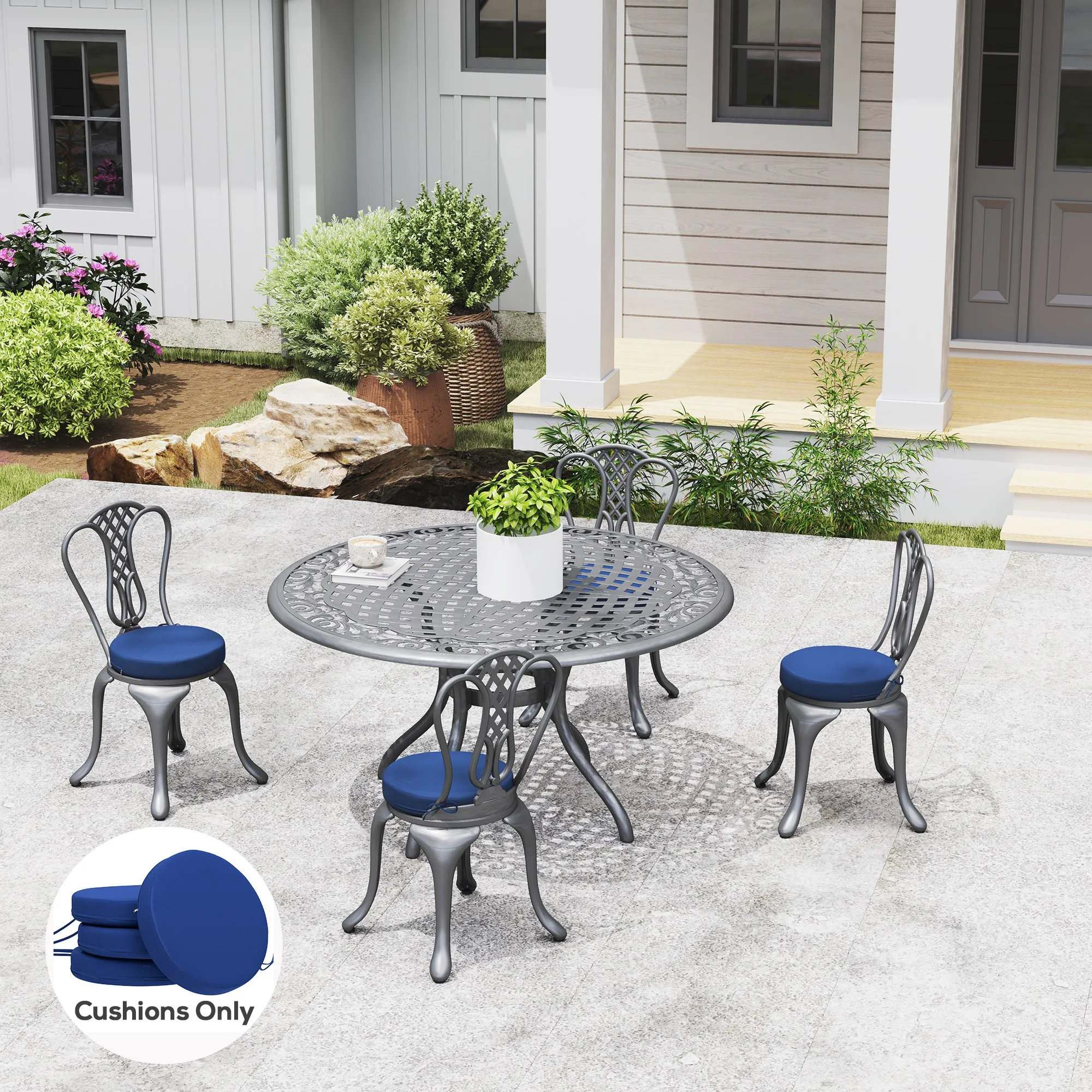 Outdoor Chair Cushions Set of 4, Round Seat Cushions for Dining Chairs Bistro Chairs with Machine Washable Cover, 15" X 15" X 3", Navy Blue