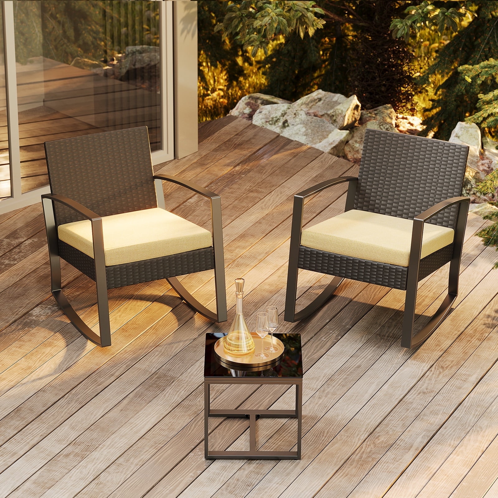 Patio Furniture Set, 3 Pieces Outdoor Porch Furniture Set with Rocking Chairs and Glass Table for Balcony & Garden