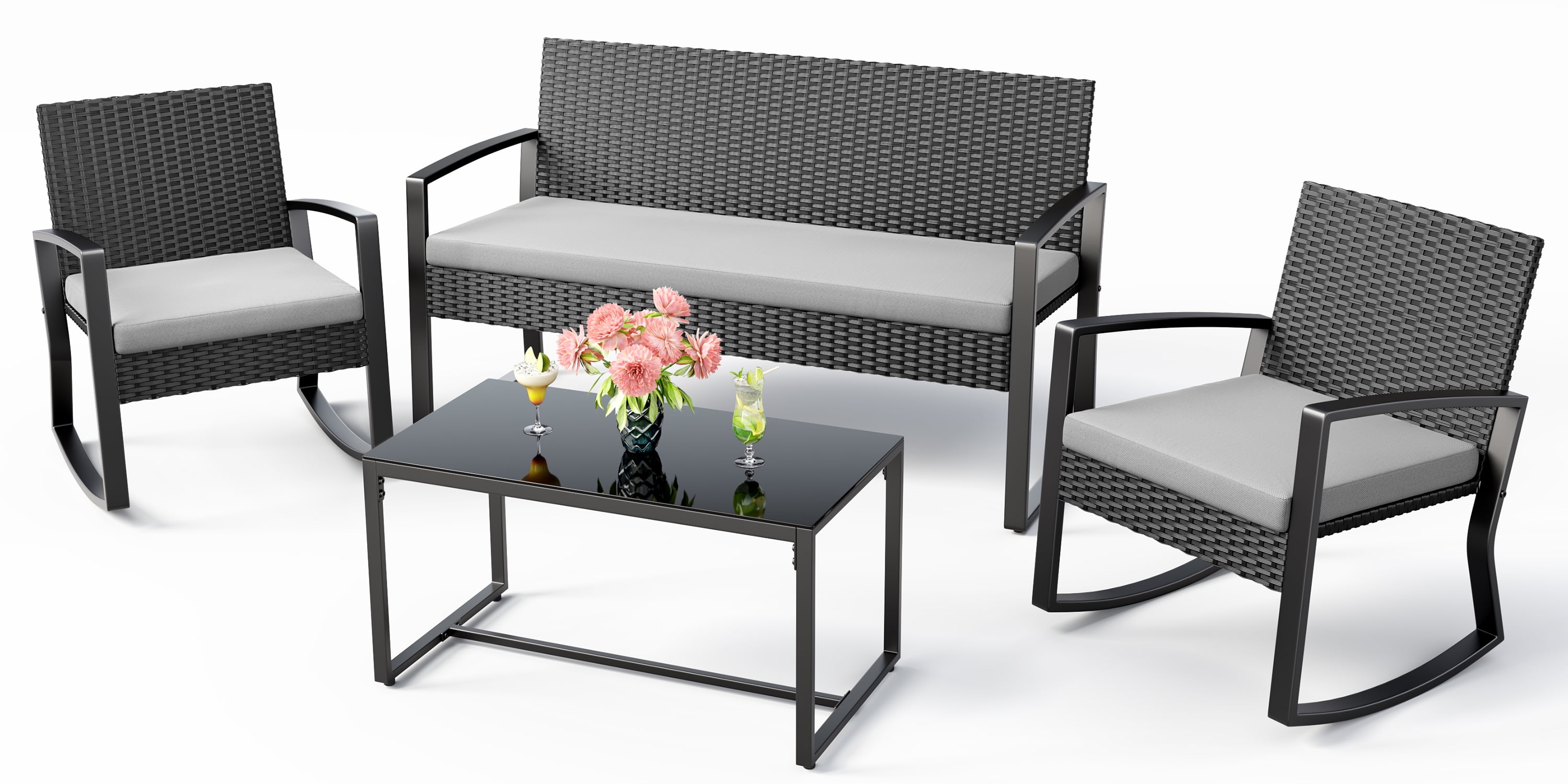 Patio Furniture Set for 4 ,Rattan Loveseat,Glass Bistro Coffee Table,Removable Cushion for Backyard,Gray