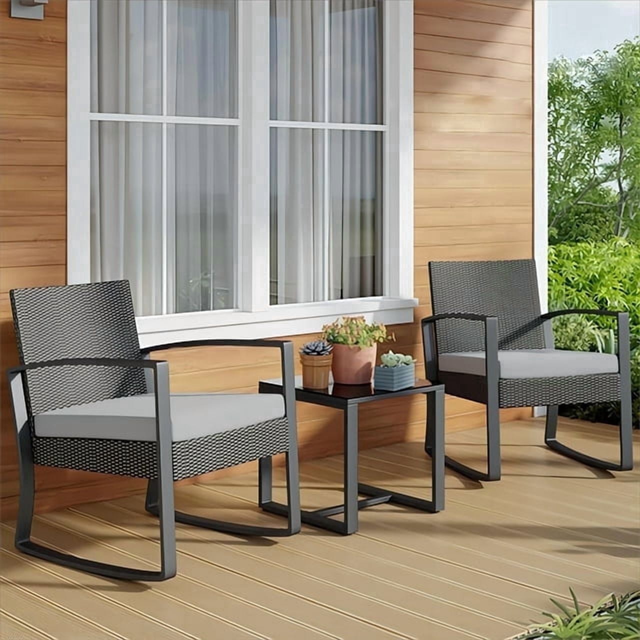Patio Furniture Set on Sale, Jolifa 3-Piece Outdoor Bistro Balcony Chairs Set with Rocking Chairs and Tempered Glass Table for Porch & Backyard, Gray Cushion(Included) Review