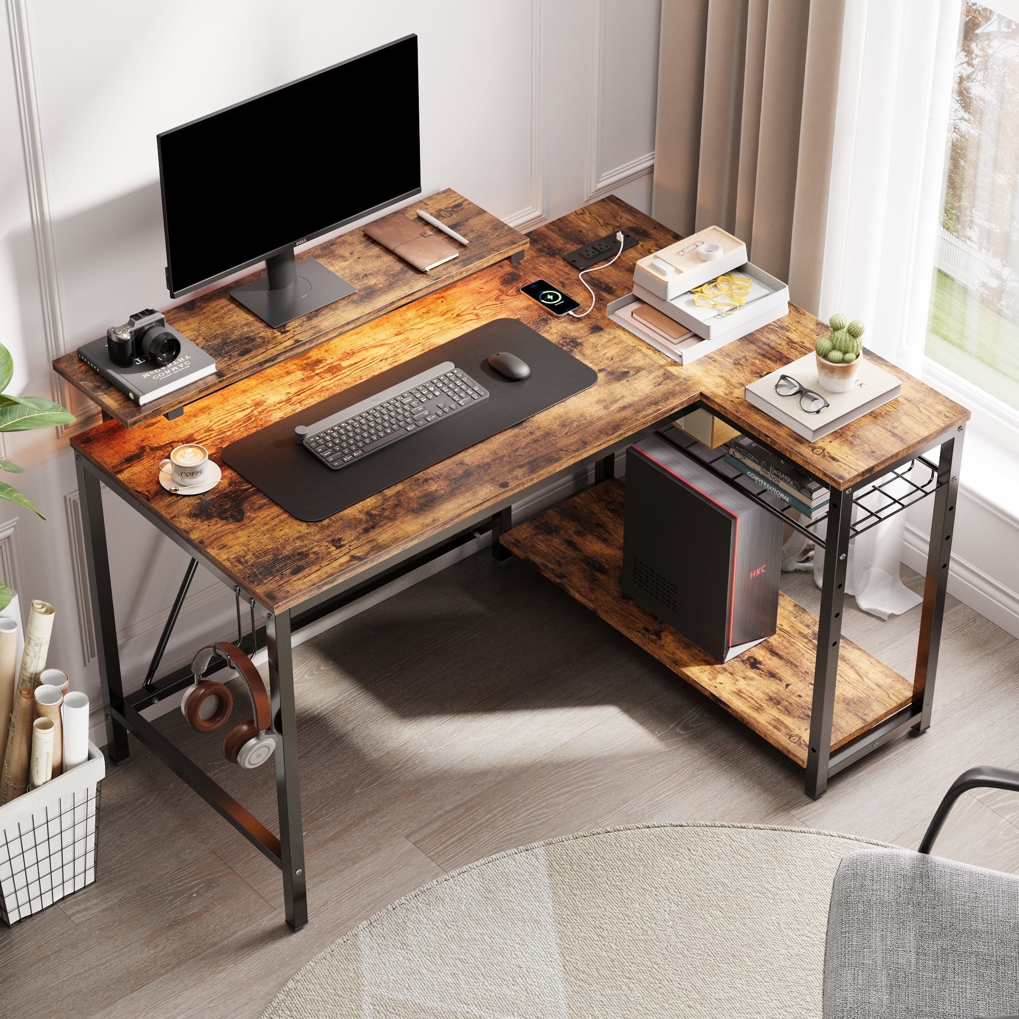 RSPGAME 42" L Shaped Computer Desk with Power Outlets, Home Office Desk with LED Lights & Monitor Stand, Reversible Shelves, Corner Desk for Small Spaces, Bedrooms, Rustic