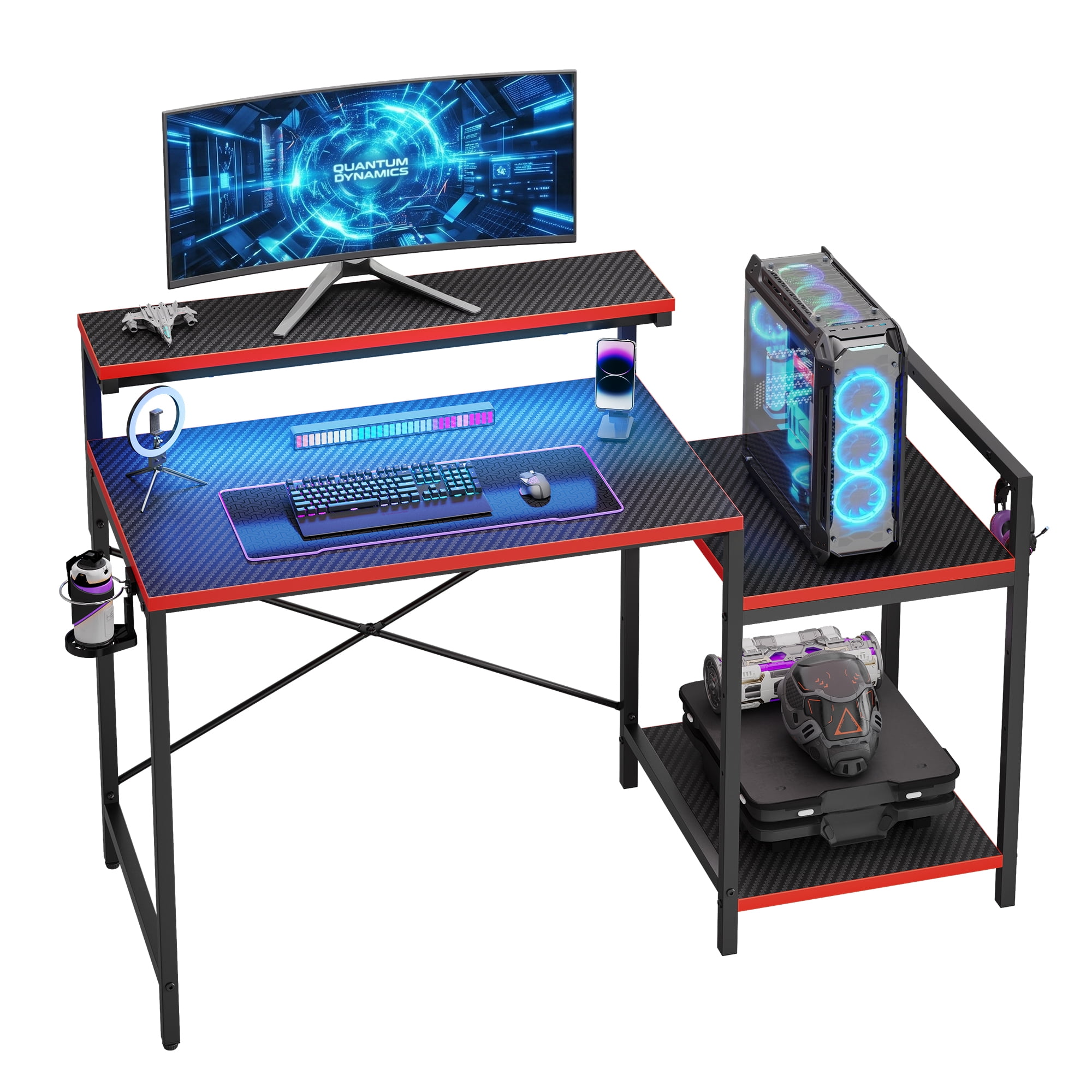 RSPGAME LED Gaming Desk with Monitor Stand, 47 inch Reversible Computer Desk for Home Office, Black & Red